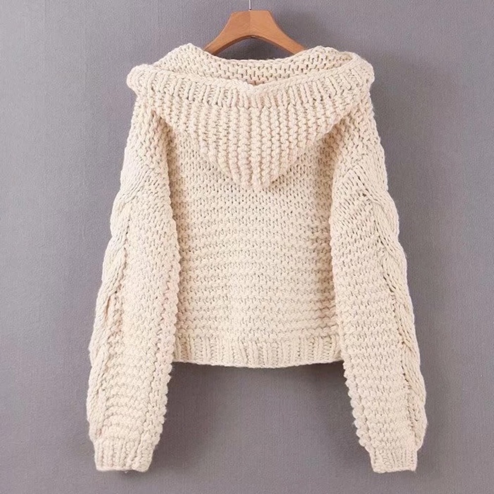 Chunky knit cardigan cream cable knit hoodie sweater womens long sleeve thick - Picture 3 of 15